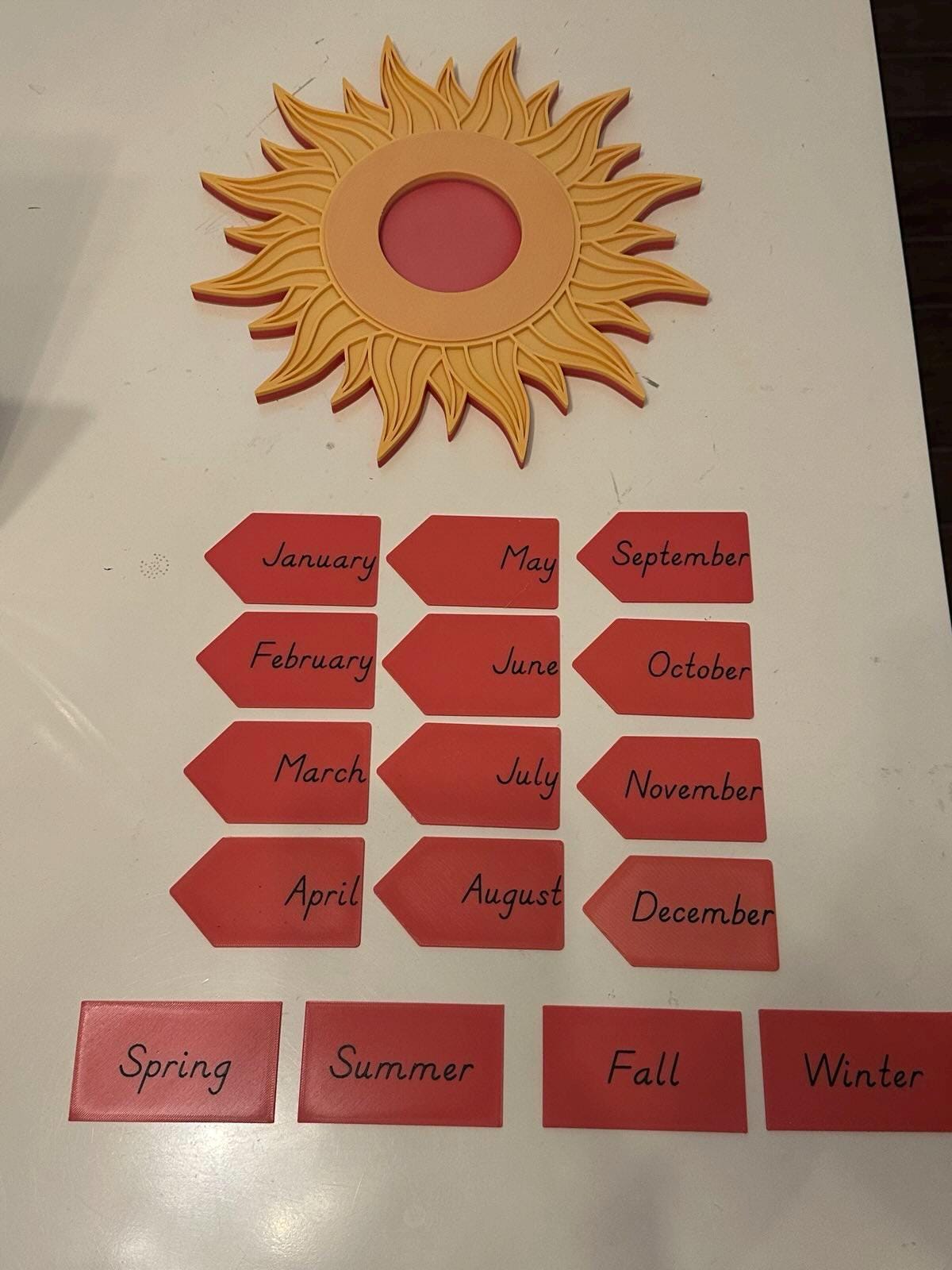 Montessori Birthday Sun Calendar - 3D Printed Learning Tool with 12 Month Tags & 4 Season Cards