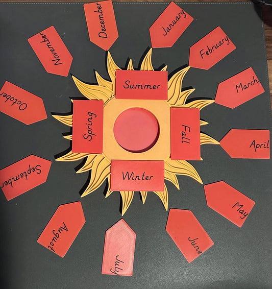 Montessori Birthday Sun Calendar - 3D Printed Learning Tool with 12 Month Tags & 4 Season Cards